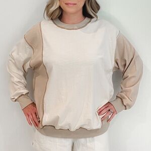 Neutral Two-Tone Crewneck Sweatshirt - Beige & Cream